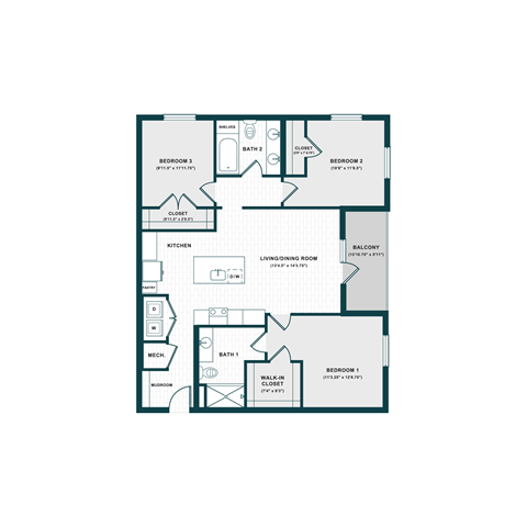 Floor plan for 3 beds, 2 baths, 1332 sqft